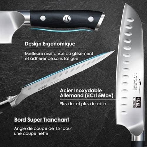 Vue detaillee 2 du produit Couteau Santoku 18 cm tranchant 15° pro SHAN ZU